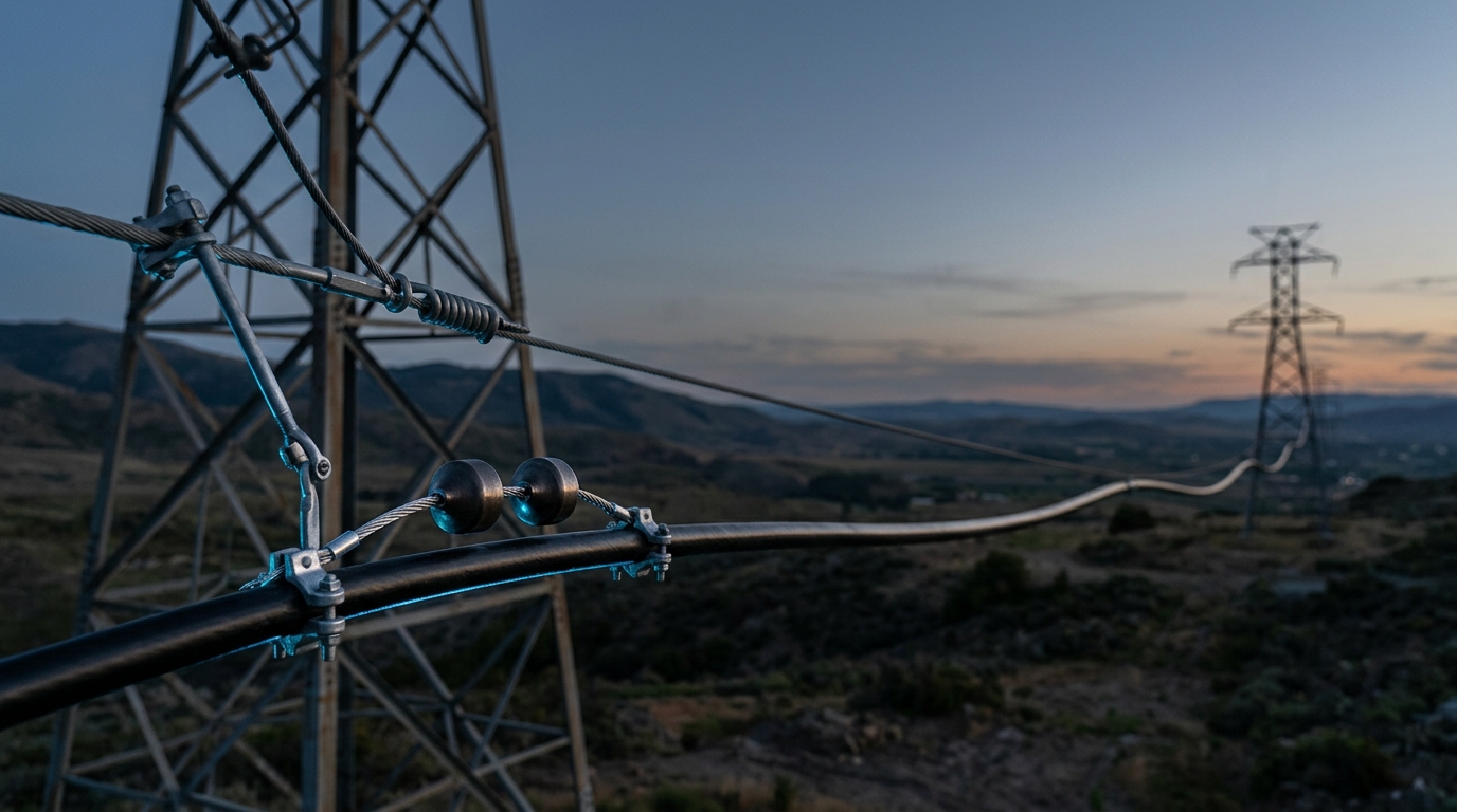 Long ADSS fiber optic cable span between transmission towers, with a vibration damper clamped near the suspension point