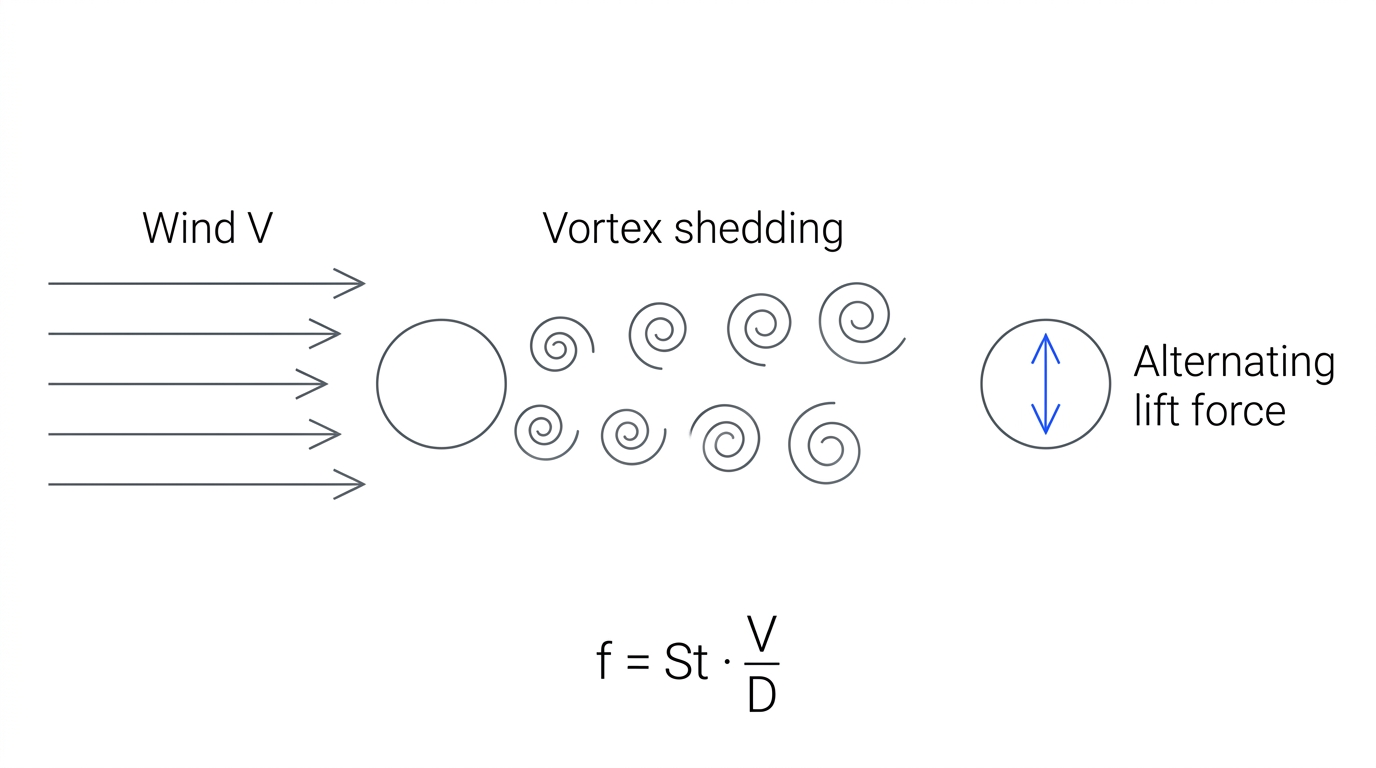 Diagram of wind flowing past a cable cross-section, alternating vortices shedding downstream, and the resulting alternating lift force