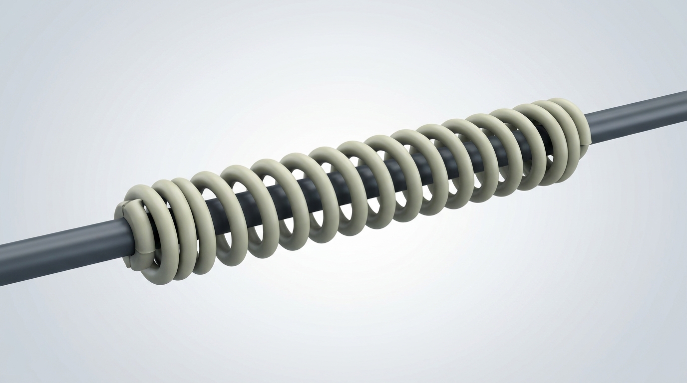 A spiral vibration damper: a stiff helical plastic coil wrapped along a section of aerial cable, with thickened gripping sections at each end